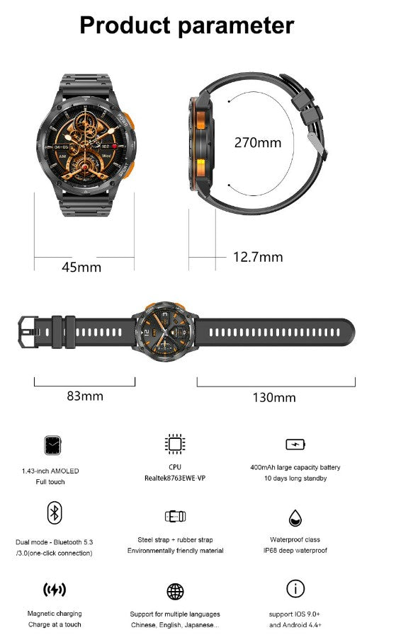 AK59 Smart Watch HD AMLOED Screen w/ health monitoring - Gold/Orange Strap