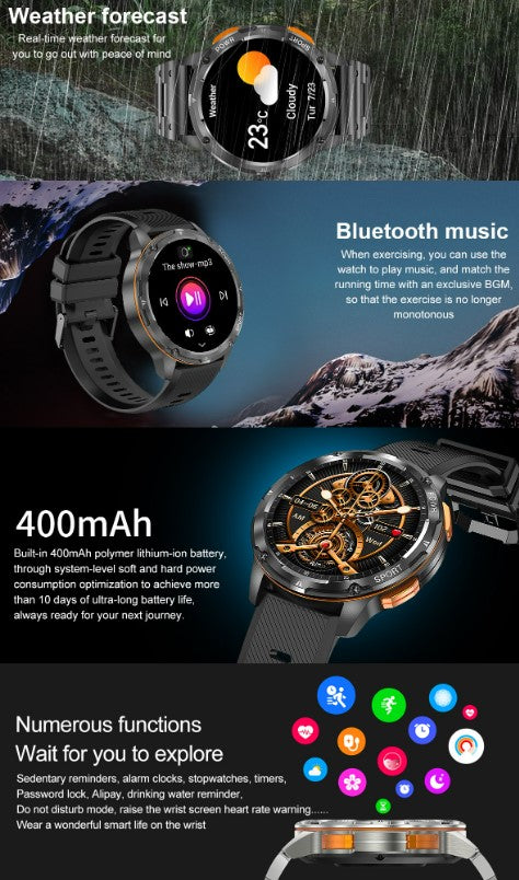 AK59 Smart Watch HD AMLOED Screen w/ health monitoring - Gold/Orange Strap